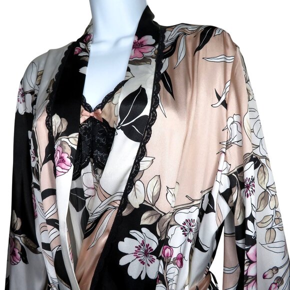 Linea Donatella Floral Chiffon Nightgown & Robe Set Lace Trim Black/Pink Medium - Picture 10 of 12